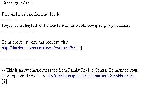 Request to join group email to group administrator