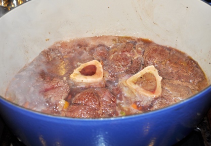 Add the herbs, Zinfandel wine and beef broth to the braising liquid to cover the beef shanks
